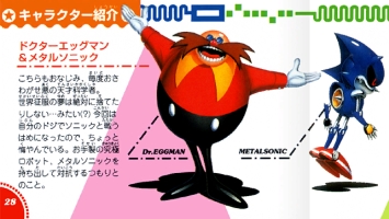Sonic Triple Trouble (Japanese) Translation: 'Dr. Eggman & Metal Sonic: As always, Dr. Eggman is plotting world domination with his over-the-top ego and genius intellect.  To carry out his plan, he’s created the ultimate robot rival to Sonic—Metal Sonic.  Metal Sonic is a high-speed robot created using data collected on Sonic.  Eggman is confident that Metal Sonic can finally defeat Sonic once and for all.'
